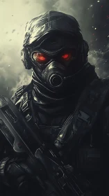 Masked futuristic soldier with glowing eyes in smoky dusk.