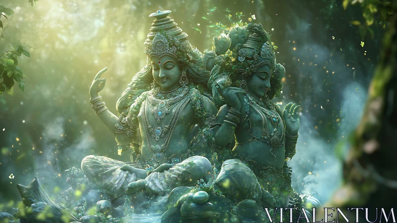 Bioluminescent stone deities in volumetric forest light cascade