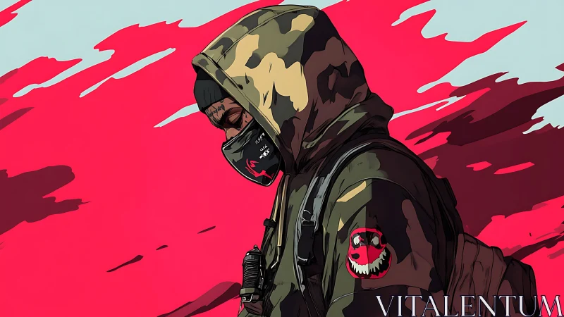 Hooded urban operative in camo against abstract neon backdrop