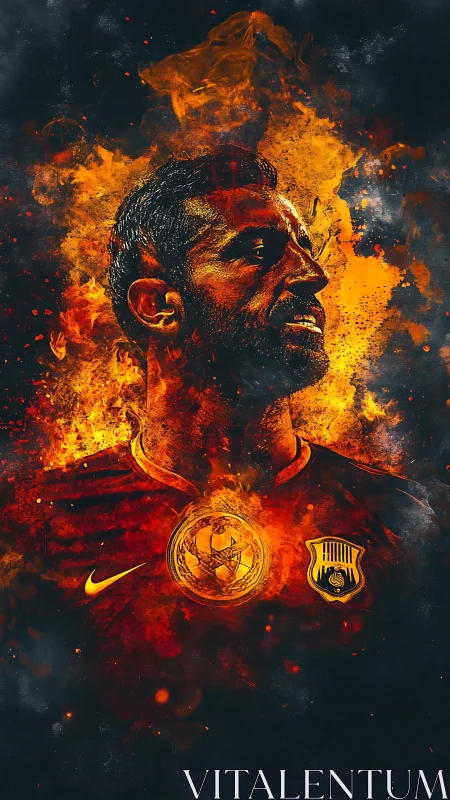 Blazing football hero stands strong in a storm of vivid fire