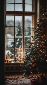 Warm Christmas tree glows beside frosted winter window.