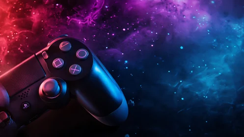 Neon game controller drifting through a cosmic color storm.