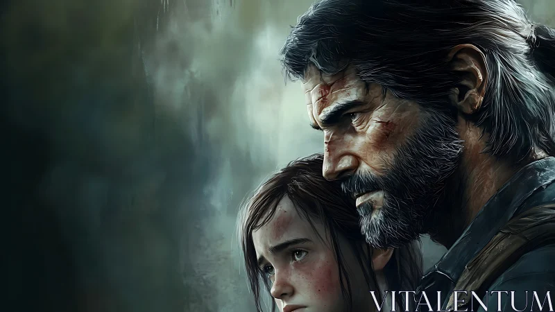 Grim close-up portrait renders weathered guardian and child