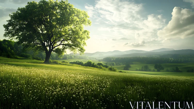 Solitary deciduous tree in sunlit meadow with distant ridges