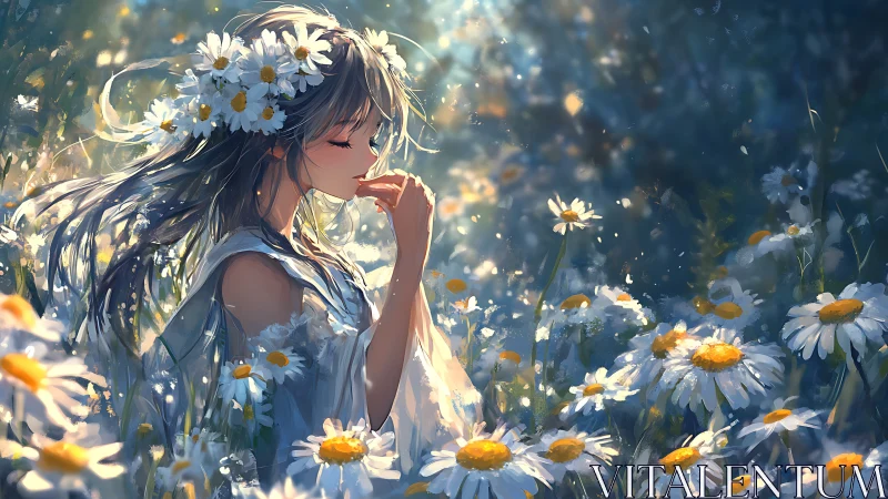 Digital painting of serene girl in sunlit daisy meadow field.