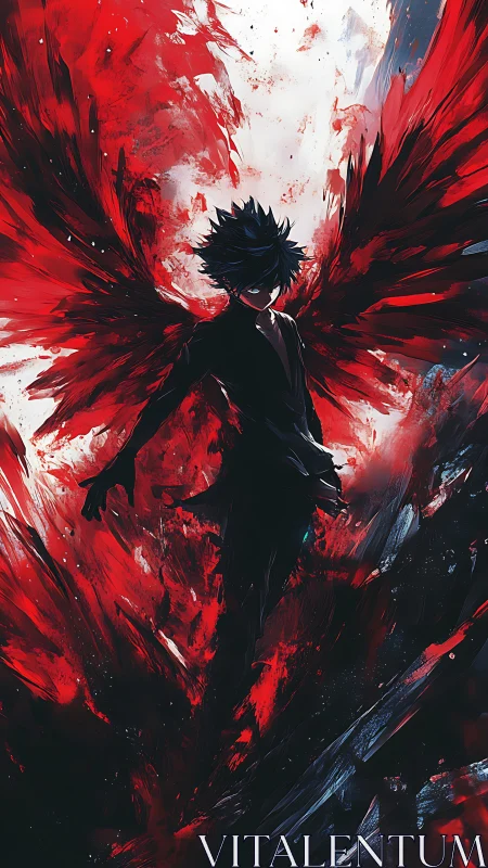 Dark winged figure stands in center of red abstract burst