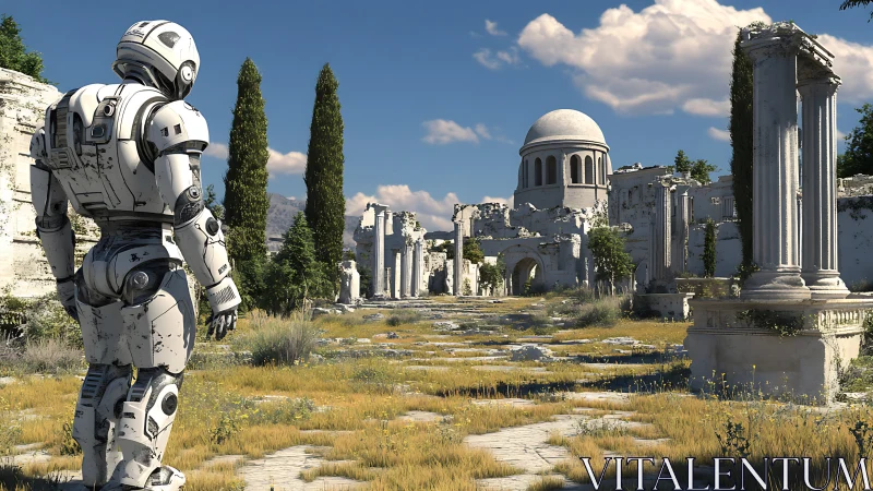 Solitary robot exploring sunlit ancient stone ruins.