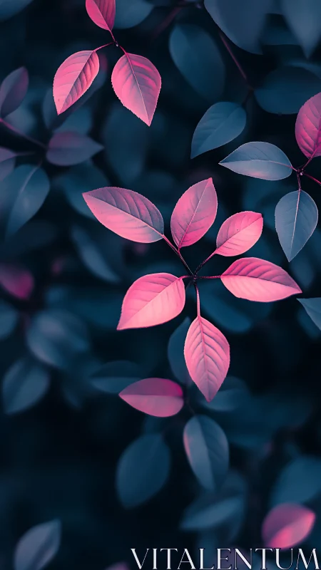 Glimmering pink leaves glow gently against deep blue shadows