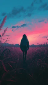 Soft neon sunset walk with a quiet dreamer in tall grass.