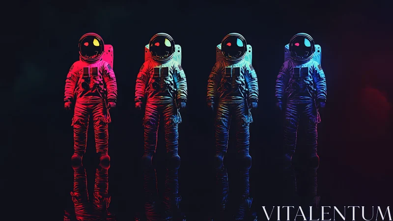 Neon-splashed astronauts rehearse a silent parade in space
