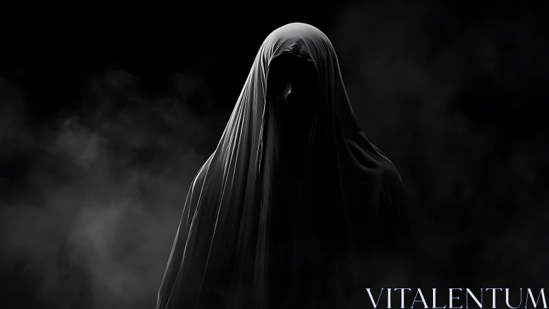 Shrouded phantom emerges from swirling black smoke and void