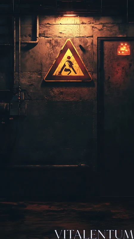 Industrial corridor warning sign under moody amber light.