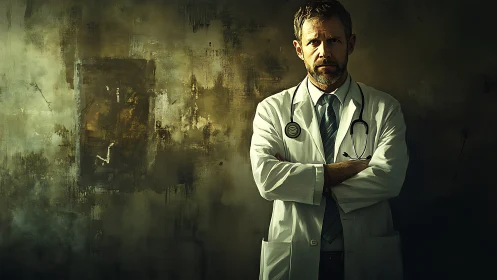 Male physician in white coat against dark textured wall.