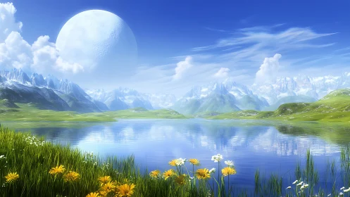 Majestic alien lake mirrors snowy peaks beneath vast moon.