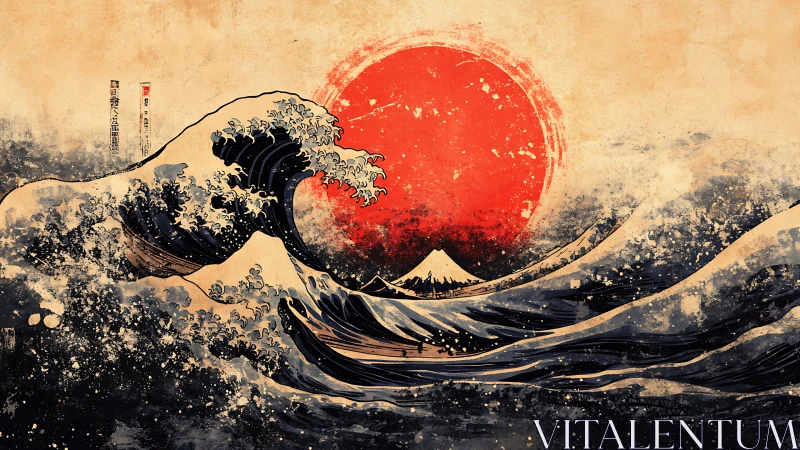 Crashing ukiyo-e waves salute a blazing vermilion sun.