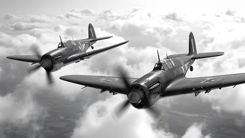 Photorealistic WWII fighter pair in dynamic aerial formation.