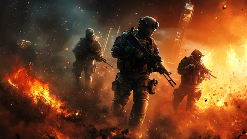 Tactical soldiers advance through blazing urban warzone