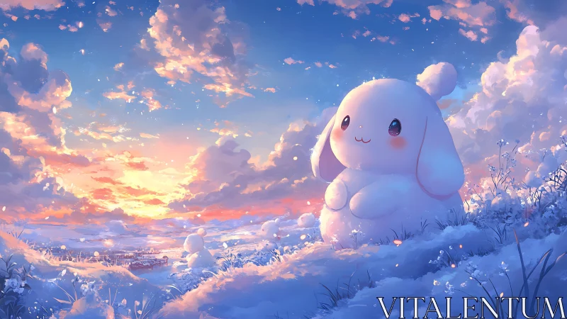 Giant snow bunny gazes over pastel winter sunset fields.