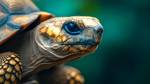 Radiant tortoise portrait glows against soft teal bokeh