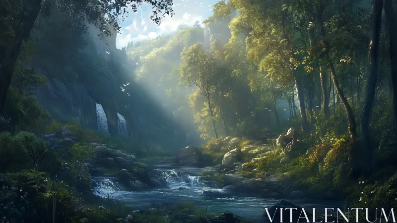 Temperate Canyon Valley: Cascading Water Through Luminous Forest Canopy