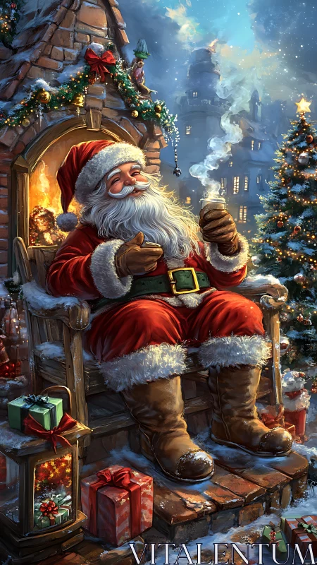 Santa’s cocoa break beside a glittering hearth of wishes.