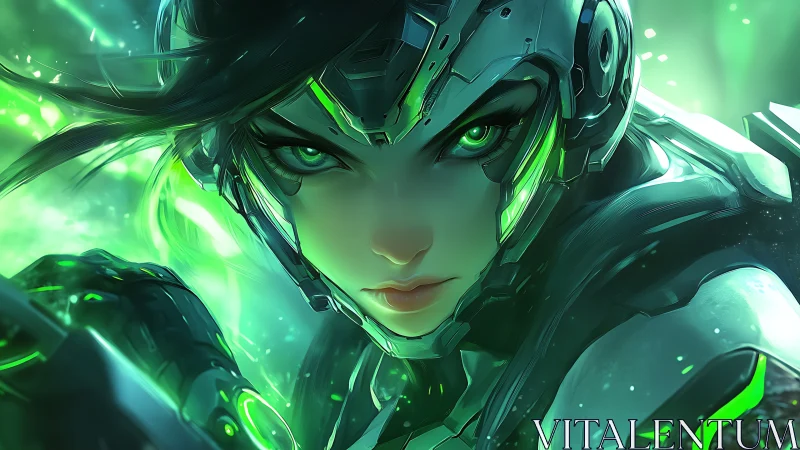 Cybernetic warrior portrait with neon green energy visor