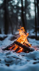 Campfire burning in snow surrounded by dark winter forest