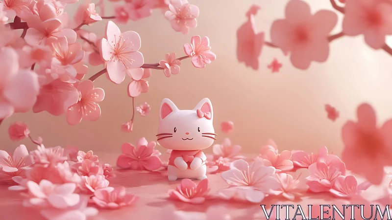 Three-dimensional rendered feline figure positioned among pink flowering botanical elements.