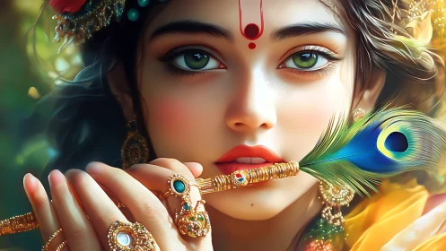 Divine-inspired girl holds jeweled flute with peacock feather