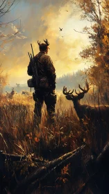 Hunter and stag share a golden forest sunrise moment.