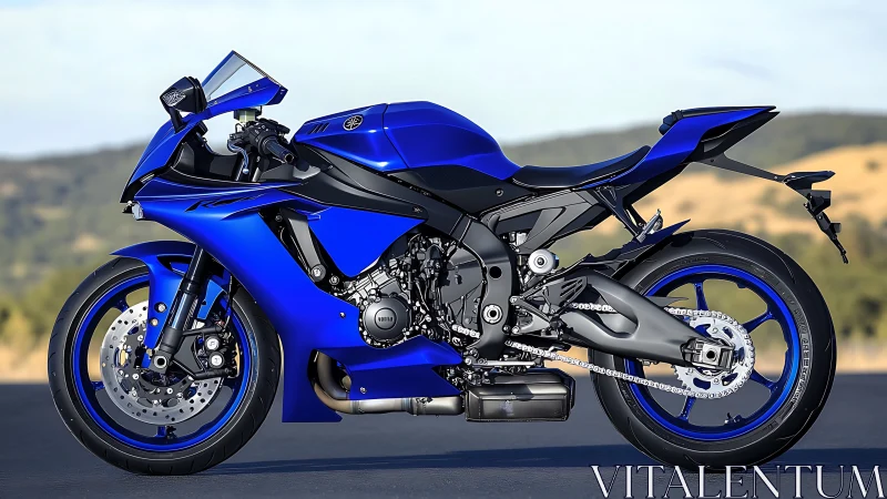 Electric blue sport motorcycle glows against soft hills backdrop.