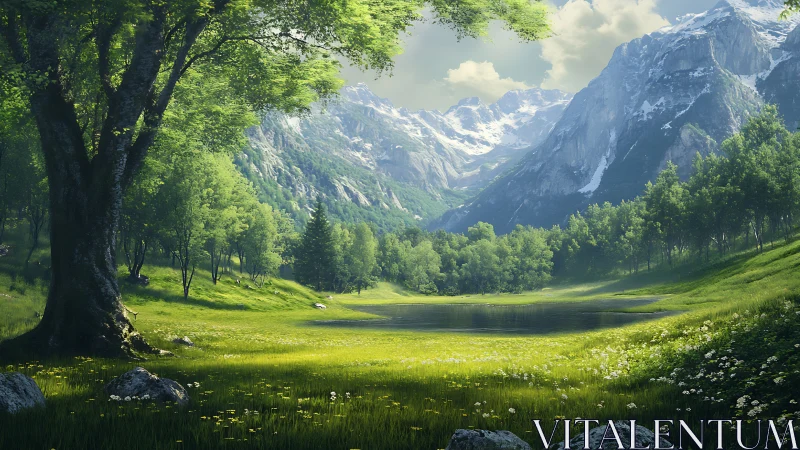 Sunlit mountain meadow embraces tranquil reflective lake.