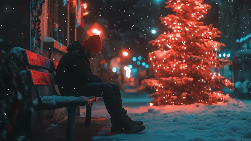 Solitary figure on snowy bench beside neon-lit Christmas tree.