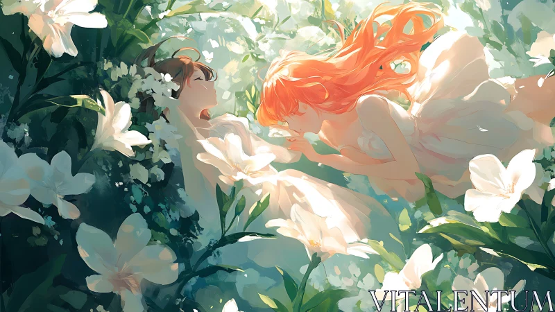 Two girls lying among lilies in soft green garden light.