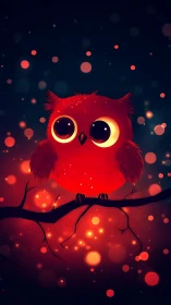 Glowing red owl on branch rendered in luminous bokeh style