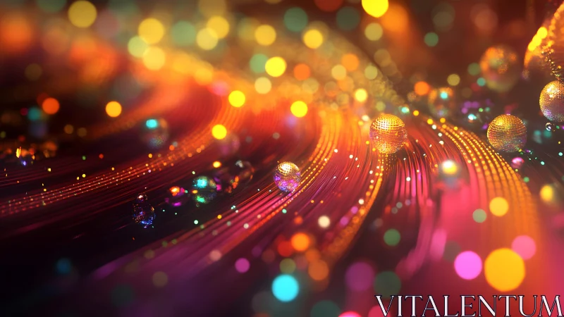 Vibrant abstract light trails and glowing spheres in bokeh style.