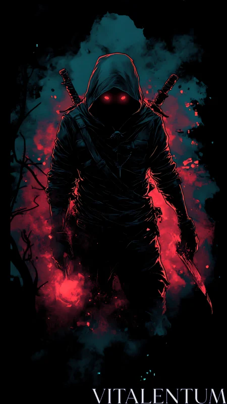 Hooded dual-wield assassin in bioluminescent cyan red haze