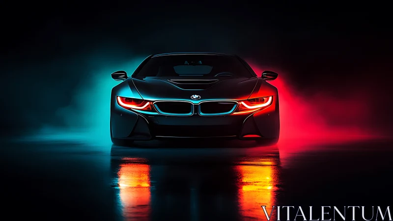 Futuristic sports car front view in neon red blue light.