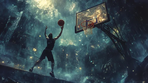 Rain-soaked city court glows as a lone player leaps high