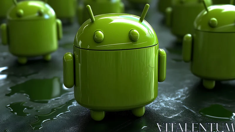Green android mascot stands glossy on wet reflective surface