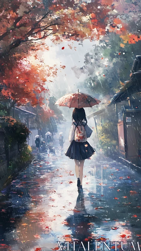 Rain-kissed schoolgirl strolls beneath blazing autumn canopy
