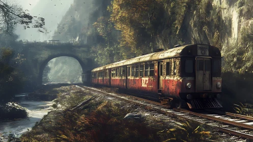 Derelict red railcar in misted ravine under stone viaduct.