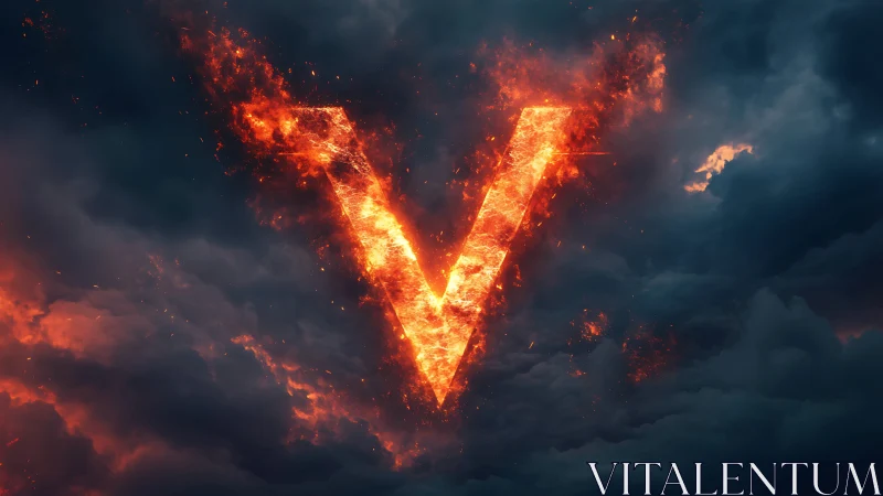 Burning V Letter Sky. Fiery Explosion Against Storm Clouds.