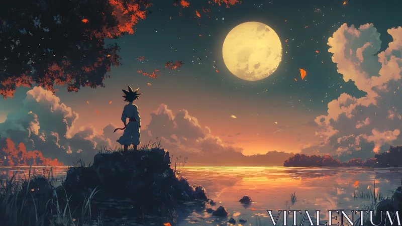 Child silhouette stands by reflective lake under full moon