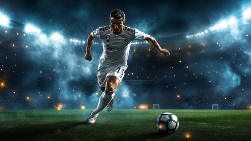 Stadium floodlights carve a sprinting striker from the night