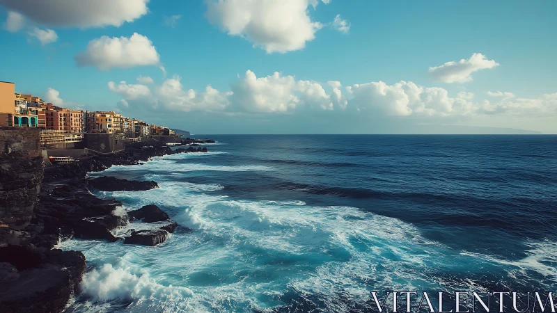 Photorealistic coastal panorama with clifftop housing banded urbanism.