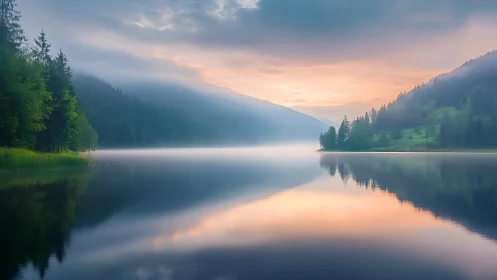 Mist-draped mountain lake catching dawnfire in glassy silence.