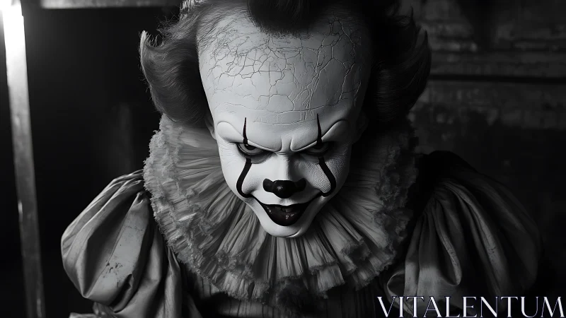 Monochrome horror portrait isolates sinister cracked clown visage