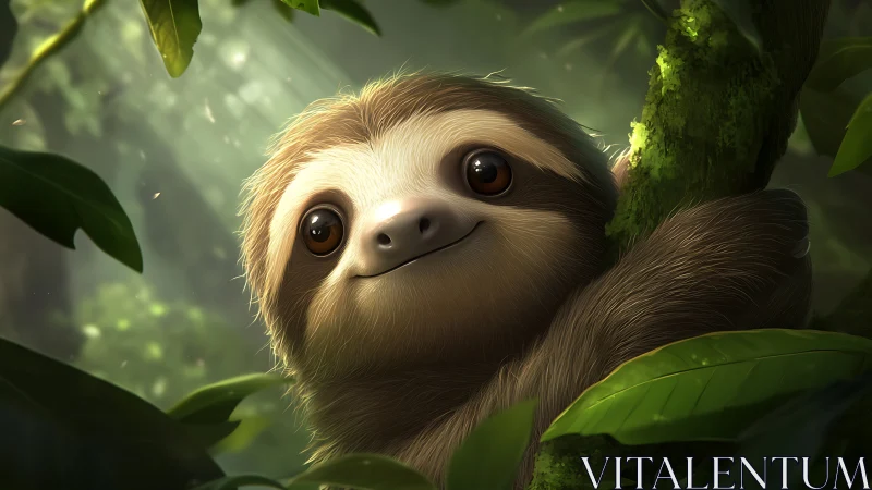 Smiling baby sloth grips mossy branch in soft jungle light