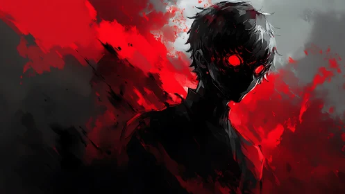 Red-eyed shadow figure amid violent abstract crimson storm.